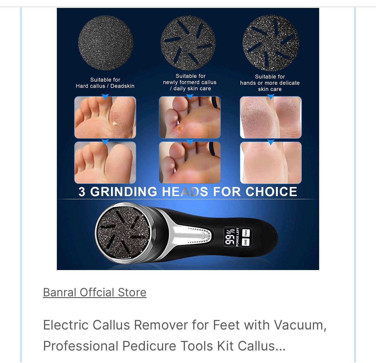 Electric Callus Remover for Feet with Vacuum, Professional Pedicure Tools Kit, Rechargeable Waterproof Foot File for Foot Care Dead Skin Remover with 3 Heads & 2 Speeds, LCD Display